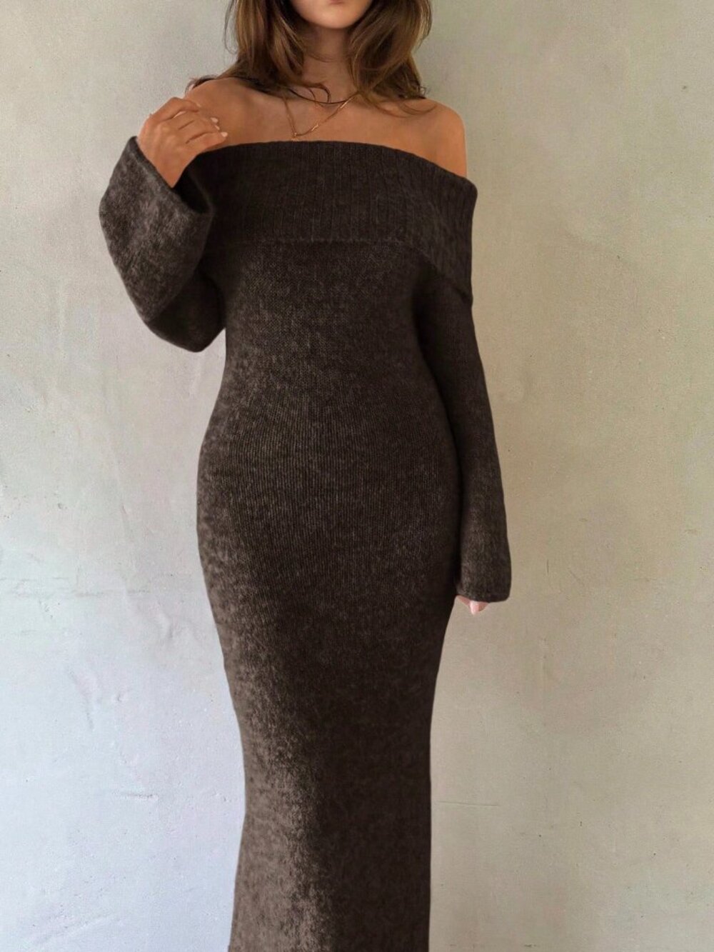 Brown Elegant Women's Rib-Knit Zipper Off Shoulder Slim Fit Bodycon Dress